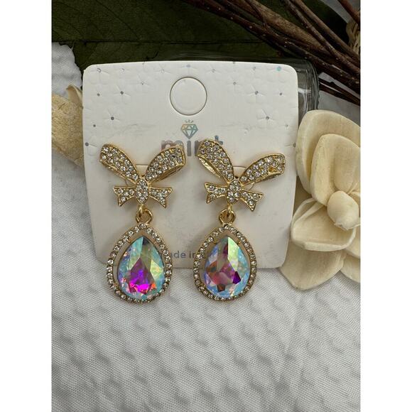 Gold Bow Rhinestone Drop Earrings with Iridescent Teardrop Crystals - Picture 3 of 5